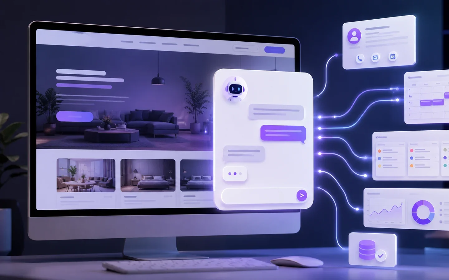 UpChat AI chat widget on a website connecting to contacts, bookings and analytics