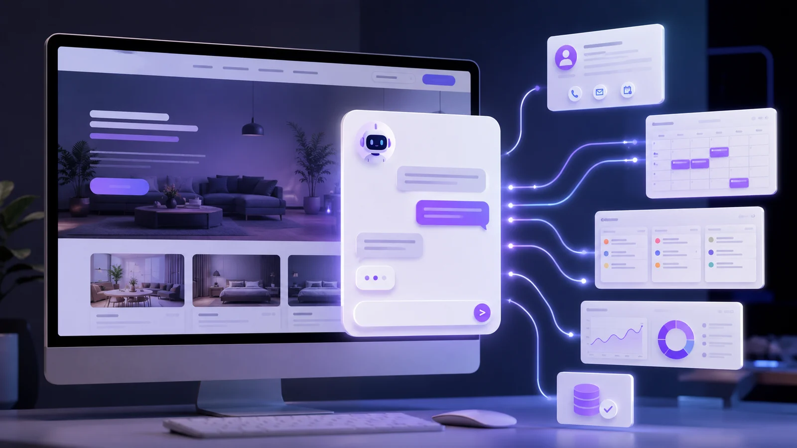 UpChat AI chat agent live on a website — a visitor conversation, captured lead and analytics panel